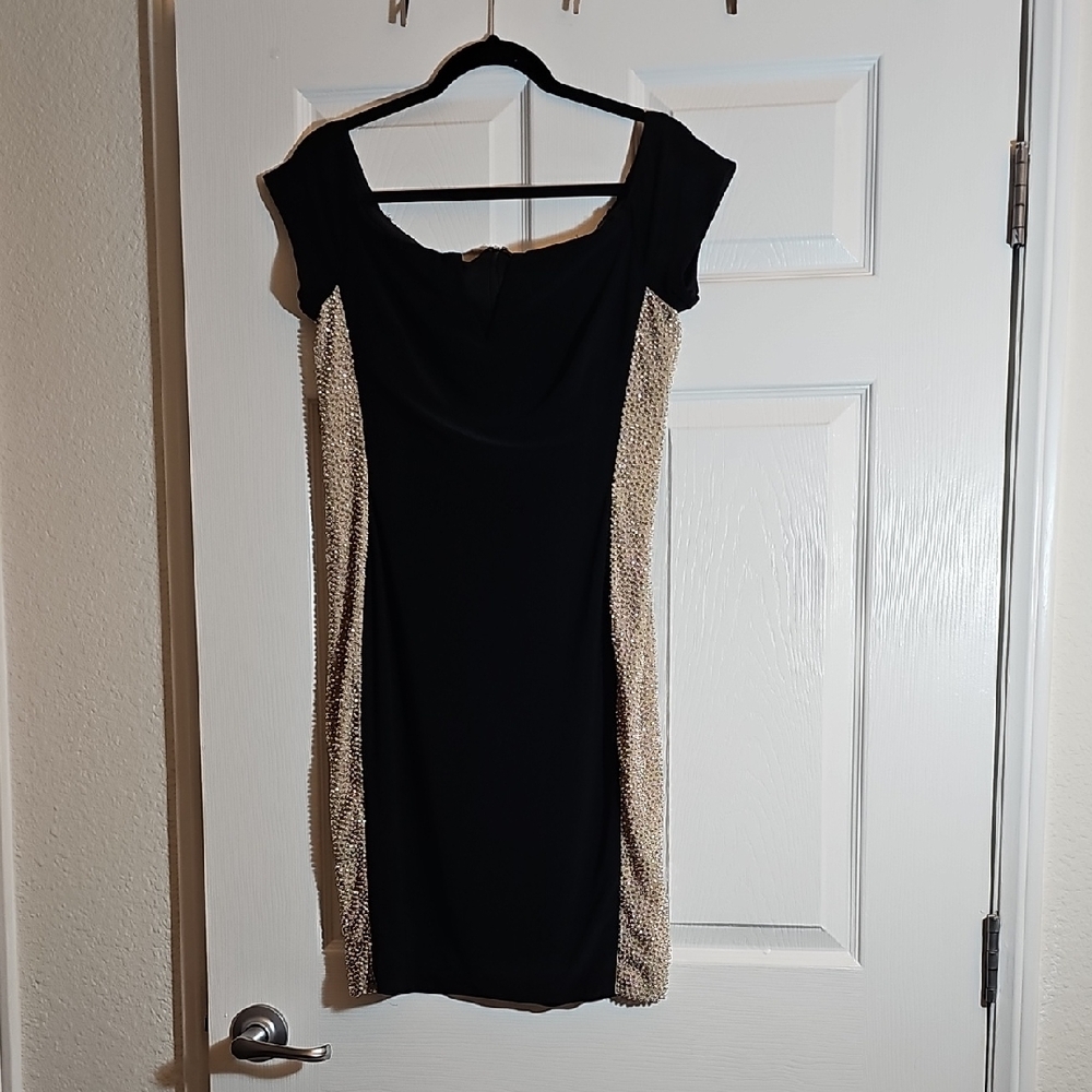 Xscape Black Dress with Gold Side Panels